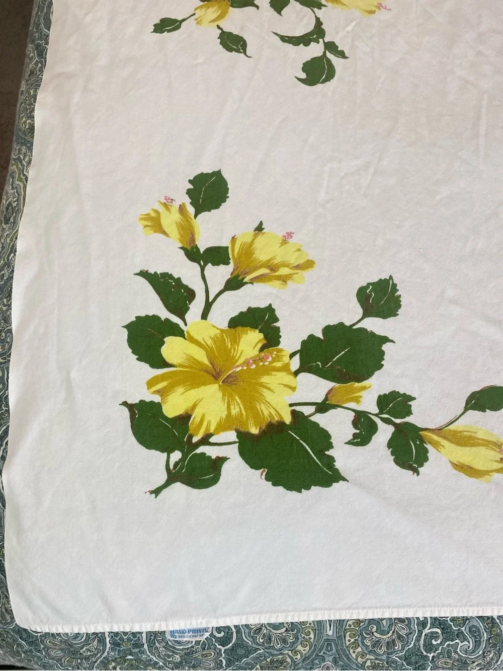 Vintage 50s California Hand Prints Tablecloth yellow hibiscus floral